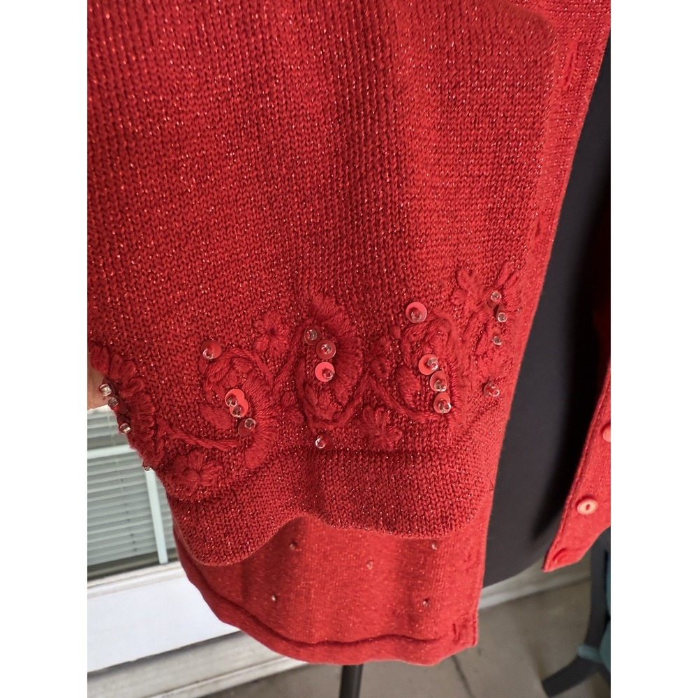 Y2K Red Sparkle Beaded Sequins Button Up Sweater Sz L Cardigan Silk Blend - Picture 7 of 10